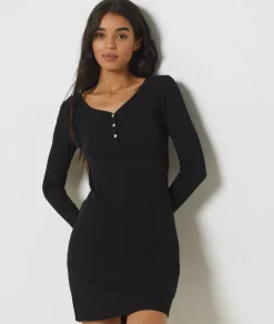 Etam Richelieu Ribbed Knit Nightshirt BLACK New