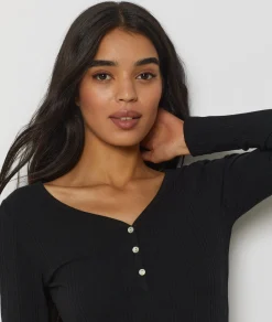 Etam Richelieu Ribbed Knit Nightshirt BLACK New