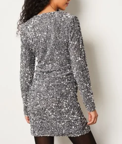 Etam Robe courte col V à sequins ARGENT Store