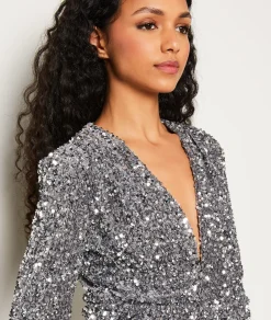 Etam Robe courte col V à sequins ARGENT Store