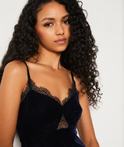 Etam Robe longue en velours décolleté en dentelle BLEUNUIT Store