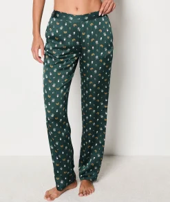 Etam Satin Patterned Pyjama Trousers GREENBACKGROUNDPRINT Fashion