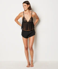 Etam Satin Pyjama Shorts with Lace Details BLACK Online