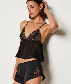 Etam Satin Pyjama Shorts with Lace Details BLACK Online