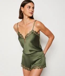 Etam Satin Pyjama Shorts with Lace Details KHAKI Clearance