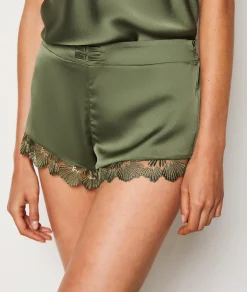 Etam Satin Pyjama Shorts with Lace Details KHAKI Clearance