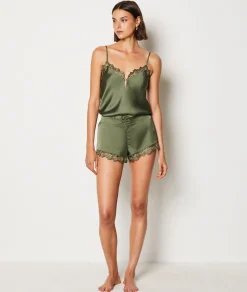 Etam Satin Pyjama Shorts with Lace Details KHAKI Clearance