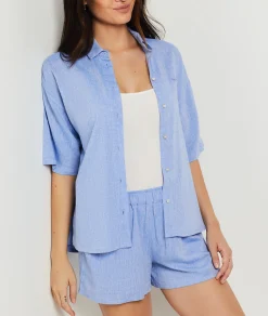 Etam Short-sleeved pyjama shirt in blended linen SKYBLUE Hot