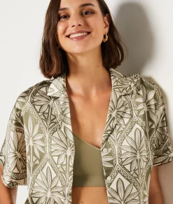 Etam Short-sleeved Satin Pyjama Shirt GREENBACKGROUNDPRINT Best Sale