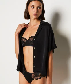 Etam Short-sleeved Satin Pyjama Shirt BLACK Best Sale
