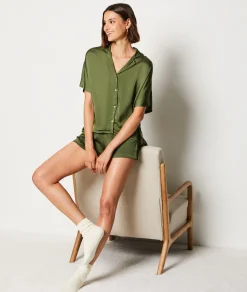 Etam Short-sleeved Satin Pyjama Shirt KHAKI Sale