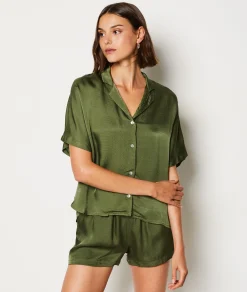 Etam Short-sleeved Satin Pyjama Shirt KHAKI Sale