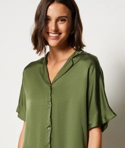 Etam Short-sleeved Satin Pyjama Shirt KHAKI Sale