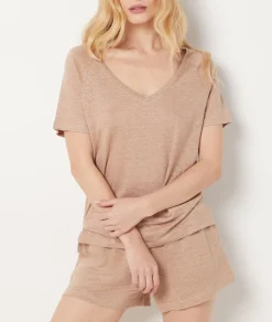 Etam Short-sleeved T-shirt 100% linen BEIGE Fashion