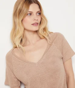 Etam Short-sleeved T-shirt 100% linen BEIGE Fashion