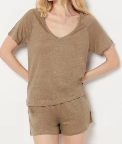 Etam Short-sleeved T-shirt 100% linen KHAKI Online