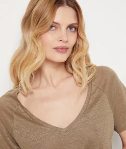Etam Short-sleeved T-shirt 100% linen KHAKI Online