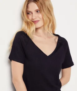 Etam Short-sleeved T-shirt 100% linen BLACK Flash Sale