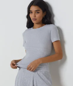 Etam Short-sleeved T-shirt in Richelieu ribbed knit. LIGHTGREY Sale