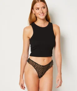 Etam Tanga en tulle plumetis irisé NOIR Hot