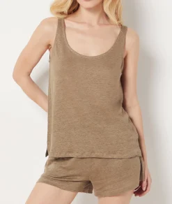 Etam Tank Top 100% Linen KHAKI Flash Sale
