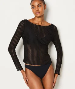 Etam Top manches longues rayures transparentes NOIR Hot