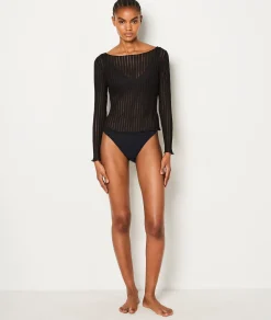 Etam Top manches longues rayures transparentes NOIR Hot