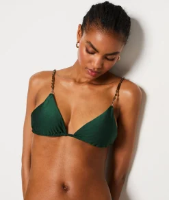 Etam Triangle Beaded Detail Satin Bikini Top EMERALD Online