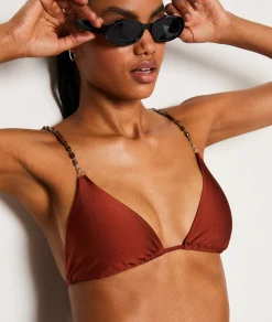 Etam Triangle Beaded Detail Satin Bikini Top RUSTYRED Cheap