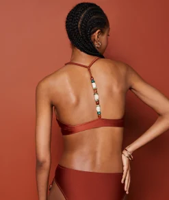 Etam Triangle Beaded Detail Satin Bikini Top RUSTYRED Best Sale