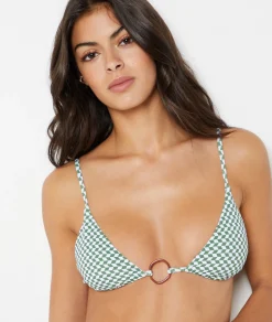 Etam Triangle Bikini Top with Patterned Ring Detail GREENBACKGROUNDPRINT Outlet
