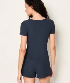 Etam T-shirt de pyjama manches courtes en coton côtelé BLEU Store
