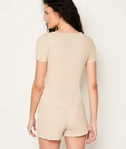 Etam T-shirt de pyjama manches courtes en coton côtelé BEIGE Fashion