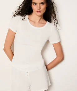 Etam T-shirt de pyjama manches courtes en coton côtelé BLANC Discount
