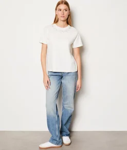Etam T-shirt manches courtes en coton col pailleté ECRU Best