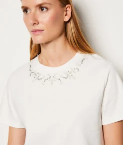 Etam T-shirt manches courtes en coton col pailleté ECRU Best