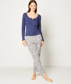 Etam T-shirt manches longues boutons sur le décolleté MARINE Shop