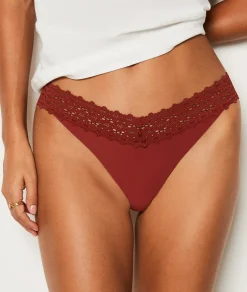 Etam V-shape Tanga in Microfiber and Lace Brown Fashion
