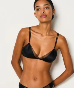 Etam Wireless Triangle Bra in Silk with Tulle Details BLACK Store