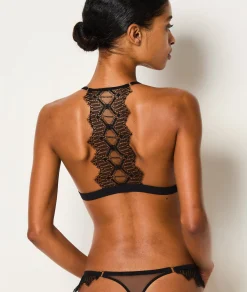 Etam Wireless Triangle Bra in Tulle with Lace Back BLACK Flash Sale